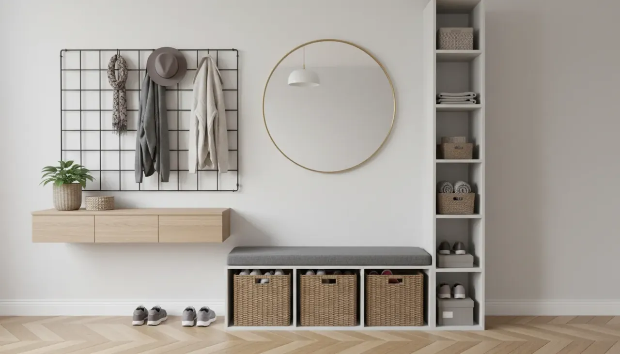 A minimalist entryway featuring a wooden bench, wall-mounted hooks, and a slim shoe cabinet in a hallway without a closet