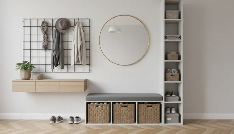 A minimalist entryway featuring a wooden bench, wall-mounted hooks, and a slim shoe cabinet in a hallway without a closet