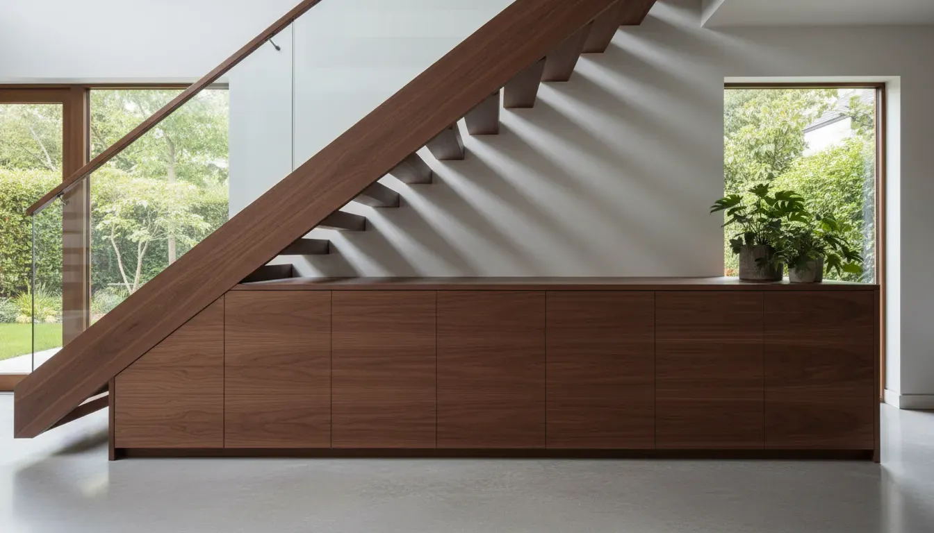 Custom walnut cabinetry installed under stairs featuring push-to-open hardware
