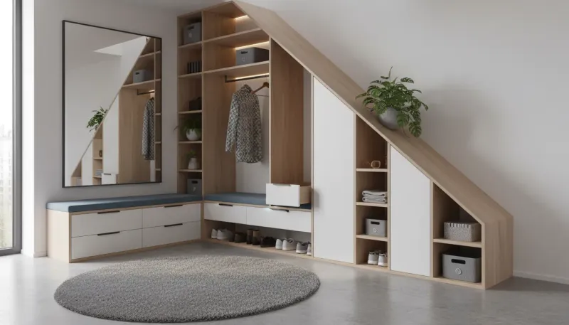 Modern duplex entryway featuring custom pull-out drawers installed under a wooden staircase.