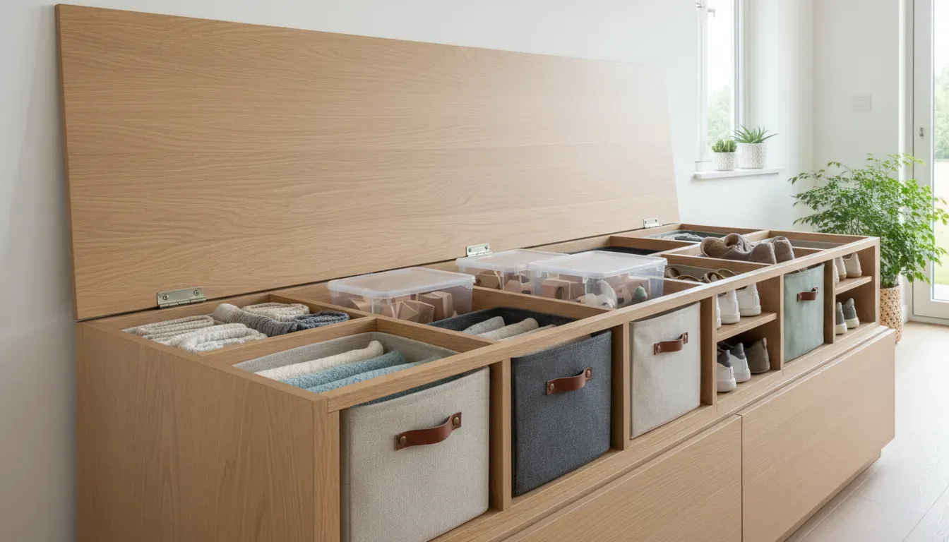 Interior view of a storage bench organized with dividers and bins
