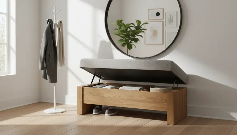 A modern entryway featuring a sleek wooden lift-top bench with pillows and organized shoes underneath
