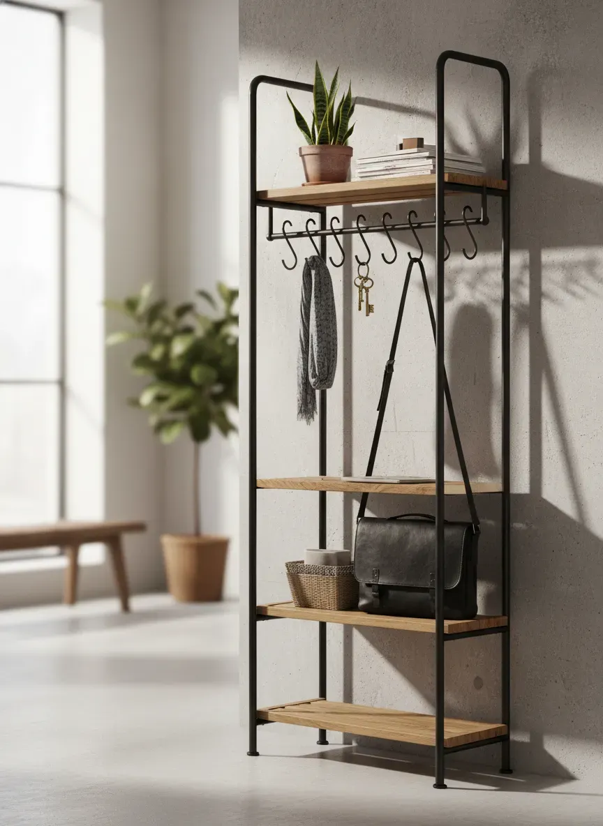 A slim industrial metal rack with open shelving and hanging hooks in a small foyer