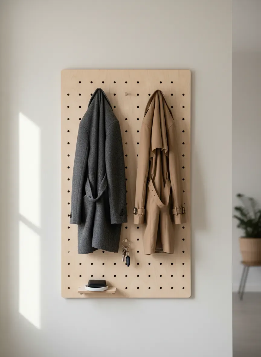 Minimalist pegboard wall organizer with coats and keys