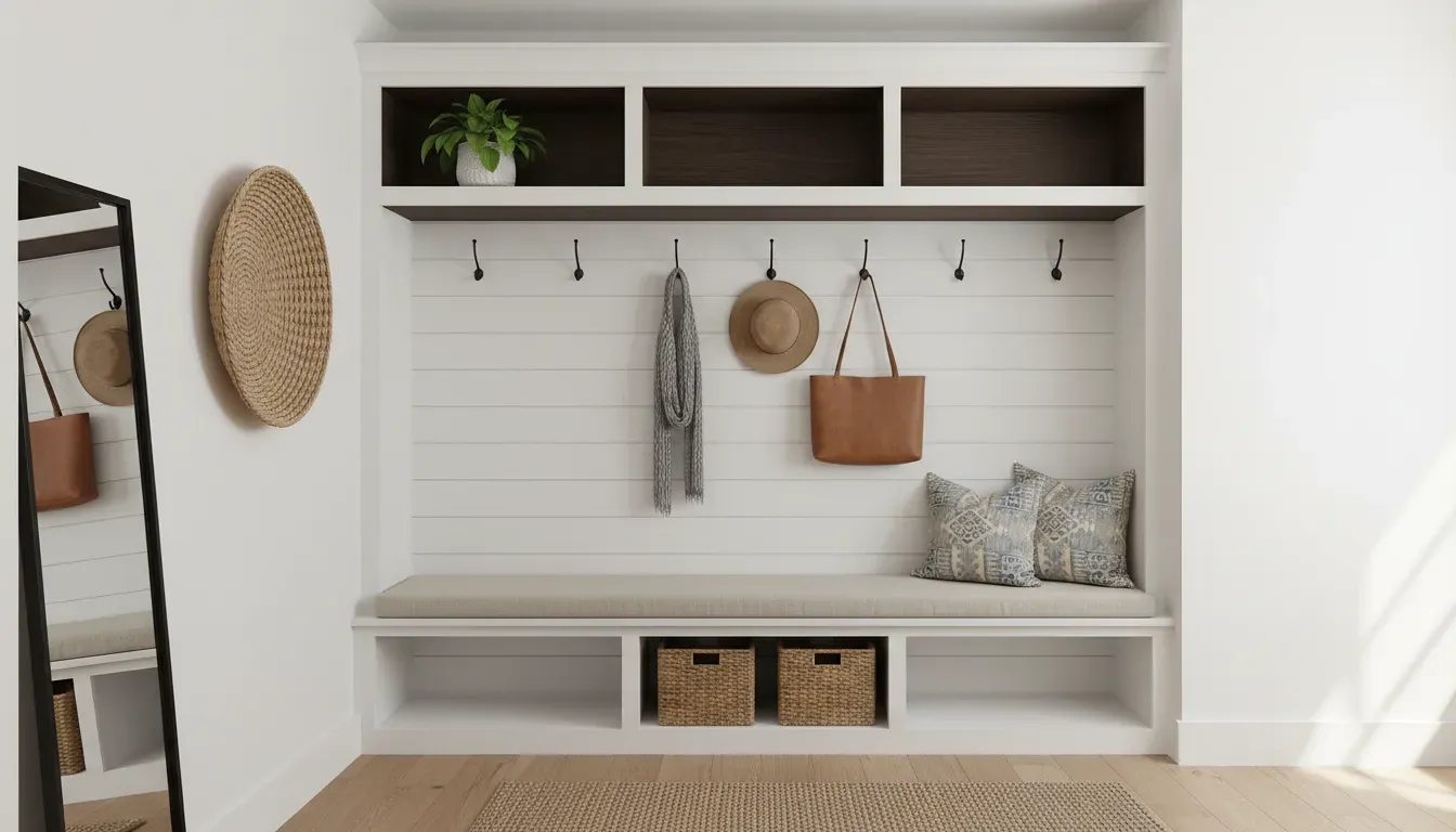 Modern farmhouse entryway with built-in white shiplap bench and overhead cubbies