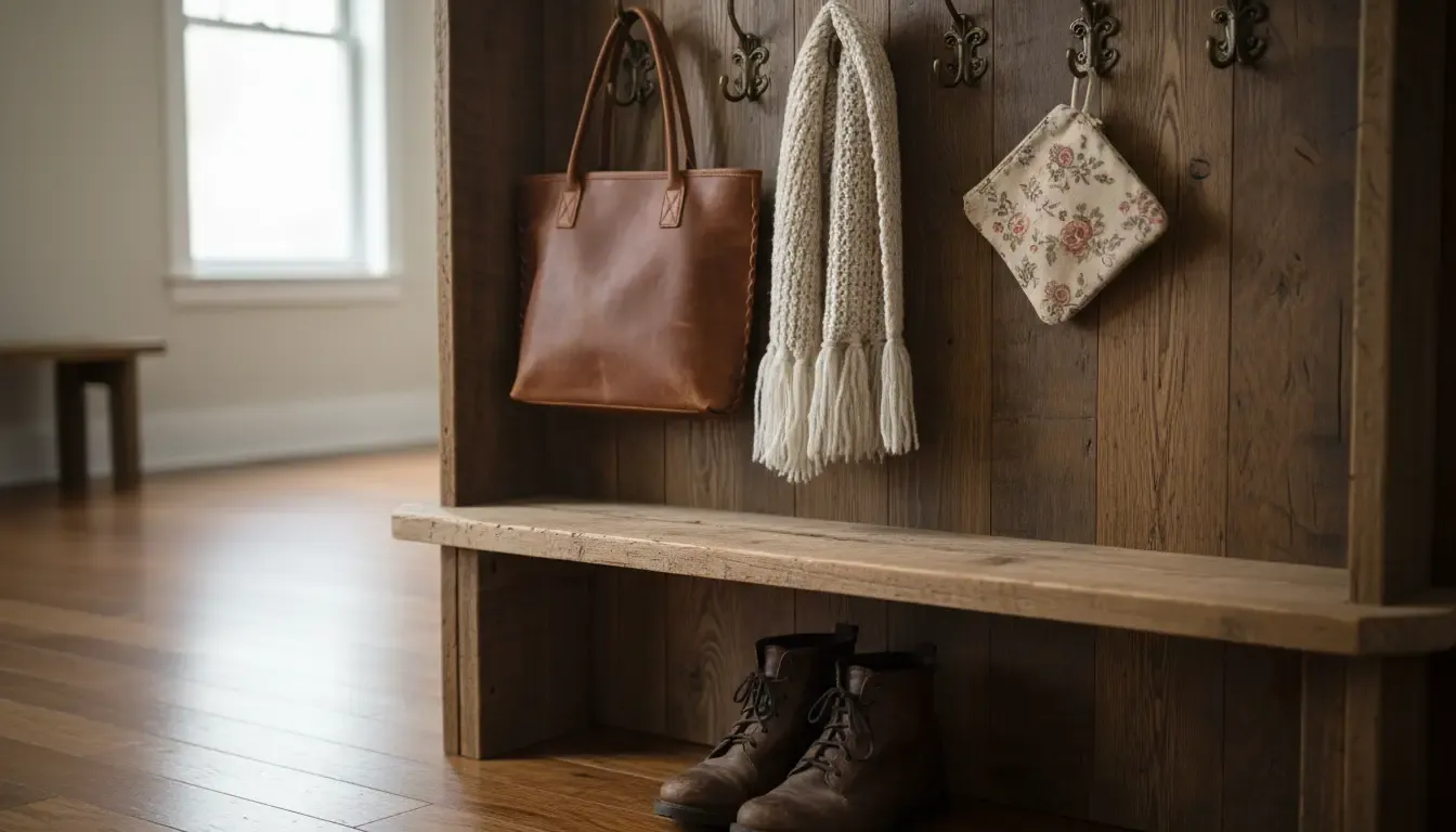 Close-up detailed shot of antique bronze hooks on a corner hall tree holding a scarf and a tote bag, with a pair of leather boots neatly tucked under the bench.