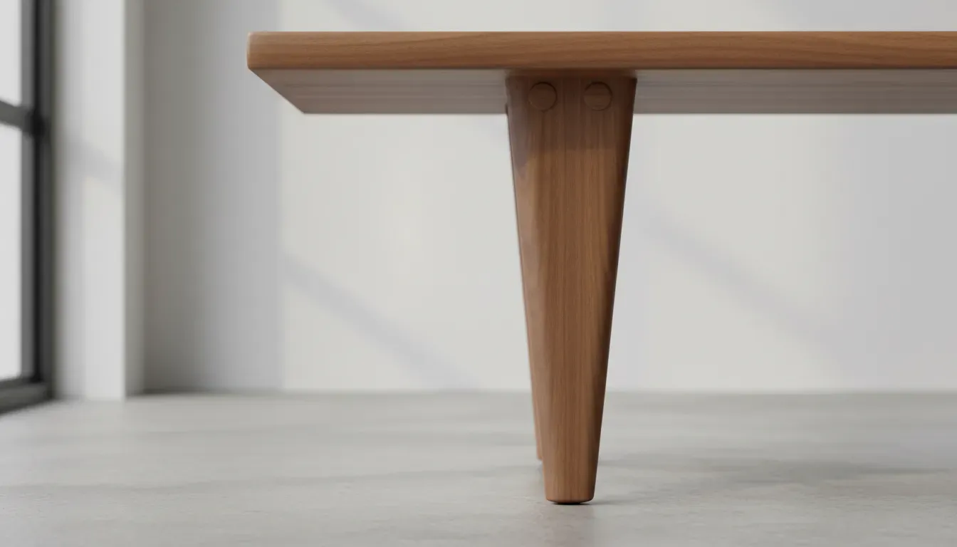 Close up detail of a wooden mid-century bench leg showing the classic tapered design and joinery