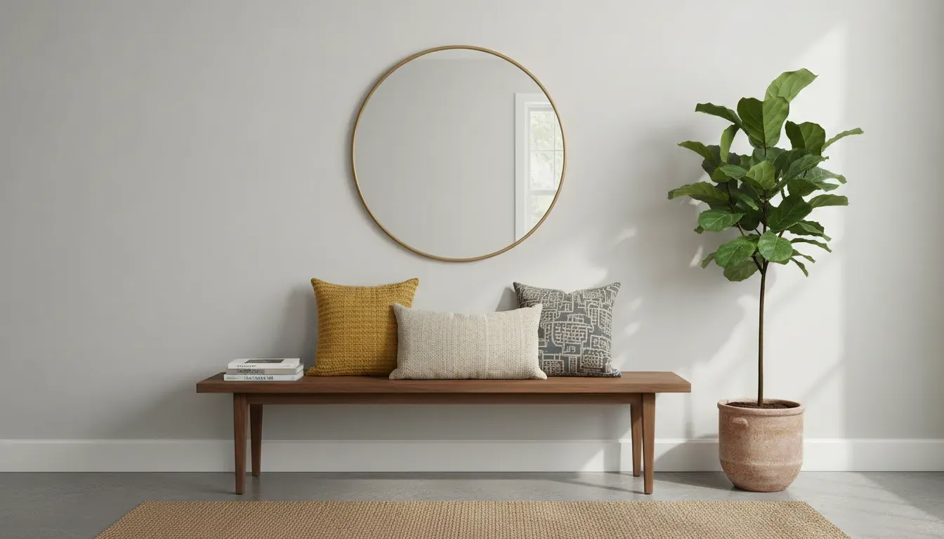 Styled entryway featuring a mid-century bench with pillows, a round mirror above, and a potted plant nearby