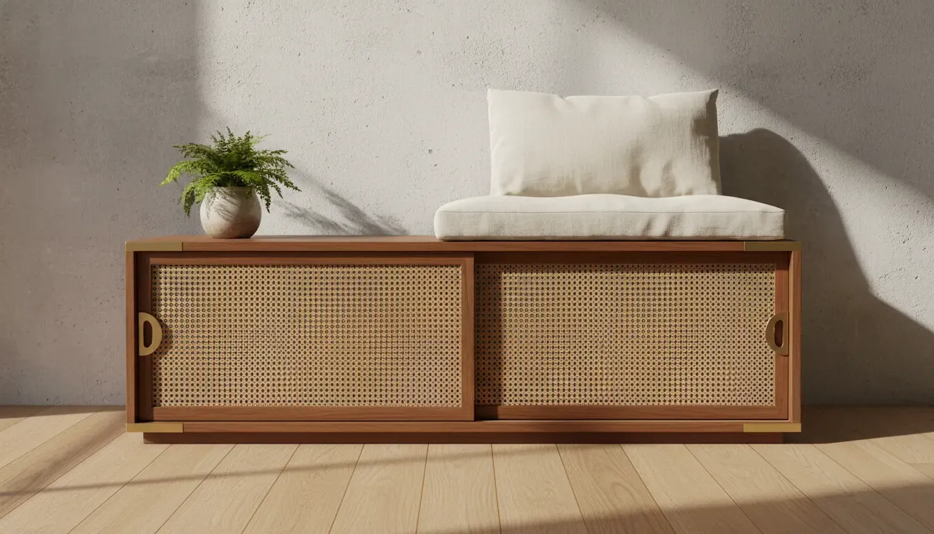 Detailed view of a bench with rattan sliding doors and brass hardware accents