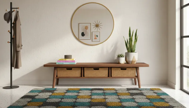 A sleek mid-century modern entryway bench with walnut finish, tapered legs, and integrated shoe storage in a well-lit foyer