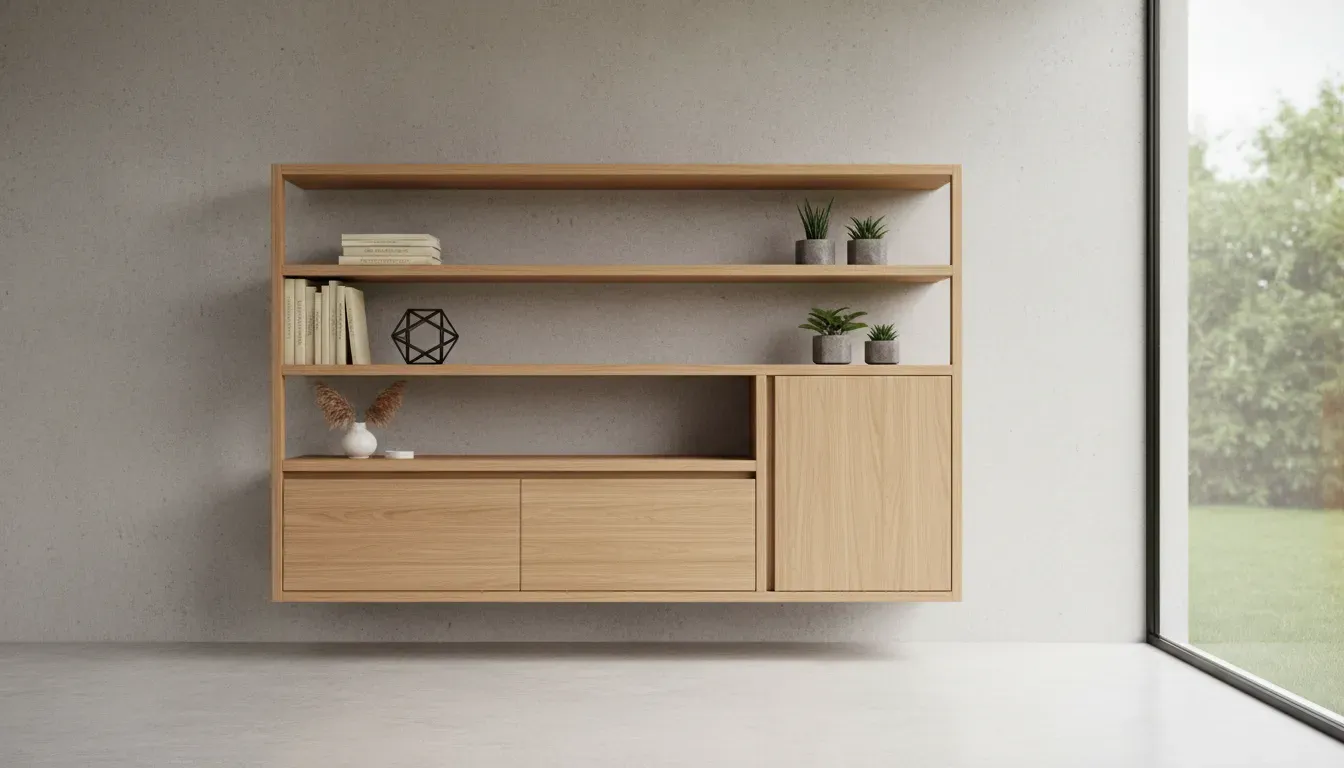 Wall mounted floating teak cabinet with open shelving above