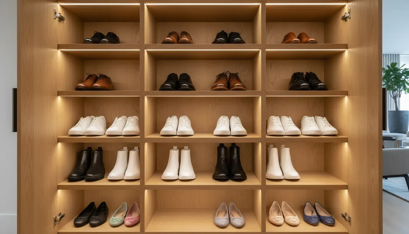 Interior detail of organized shoe cabinet with dividers