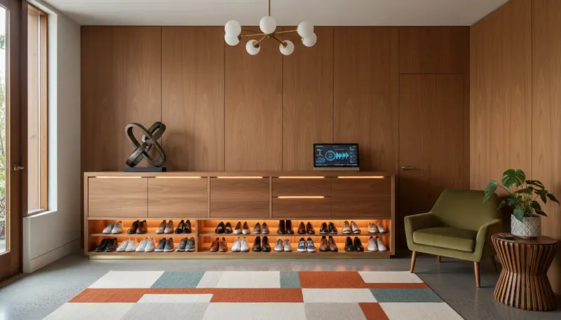 A sleek walnut mid-century modern shoe cabinet with tapered legs and brass hardware in a minimalist entryway