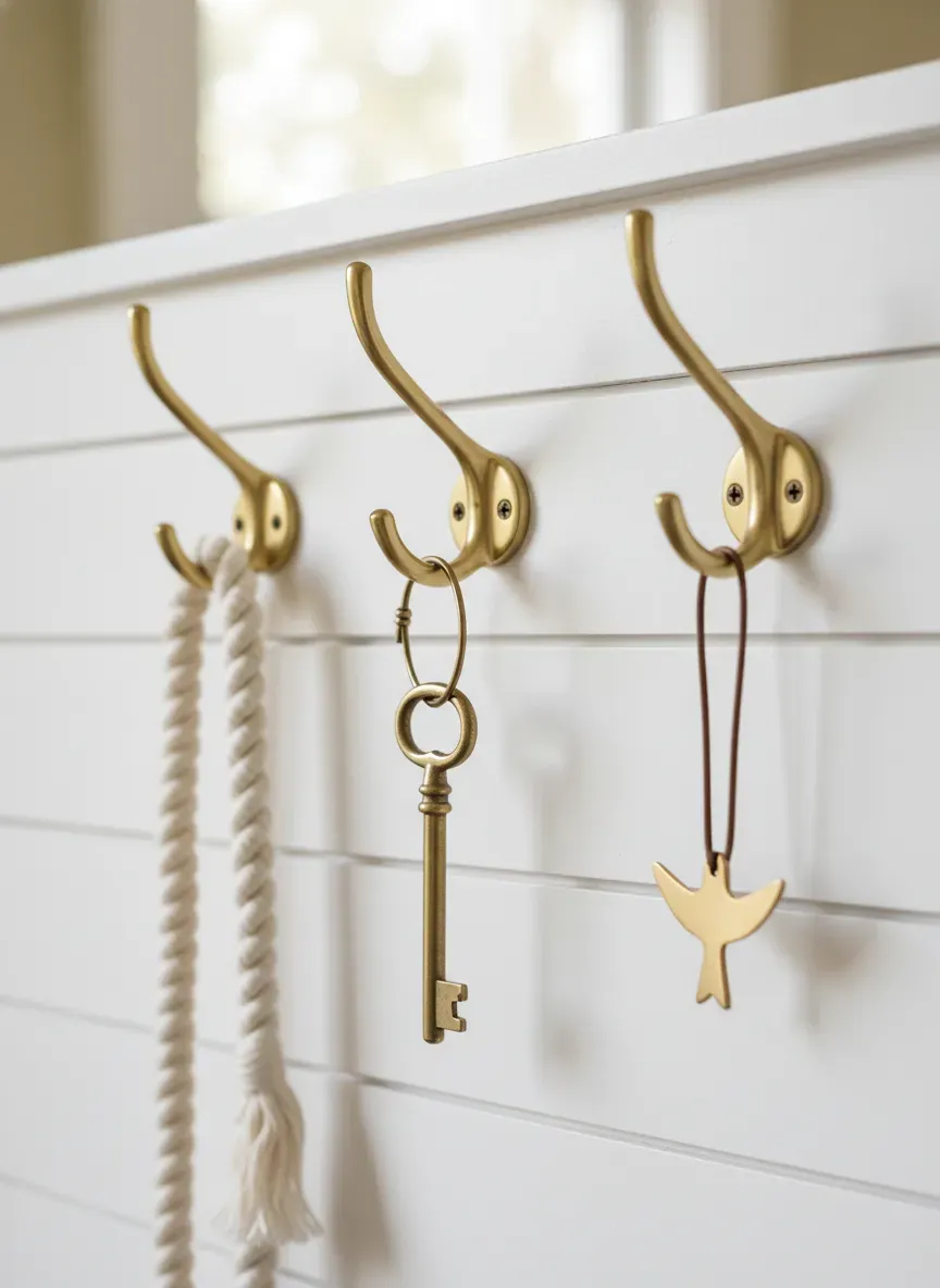 Detailed shot of brass hooks and white beadboard backing