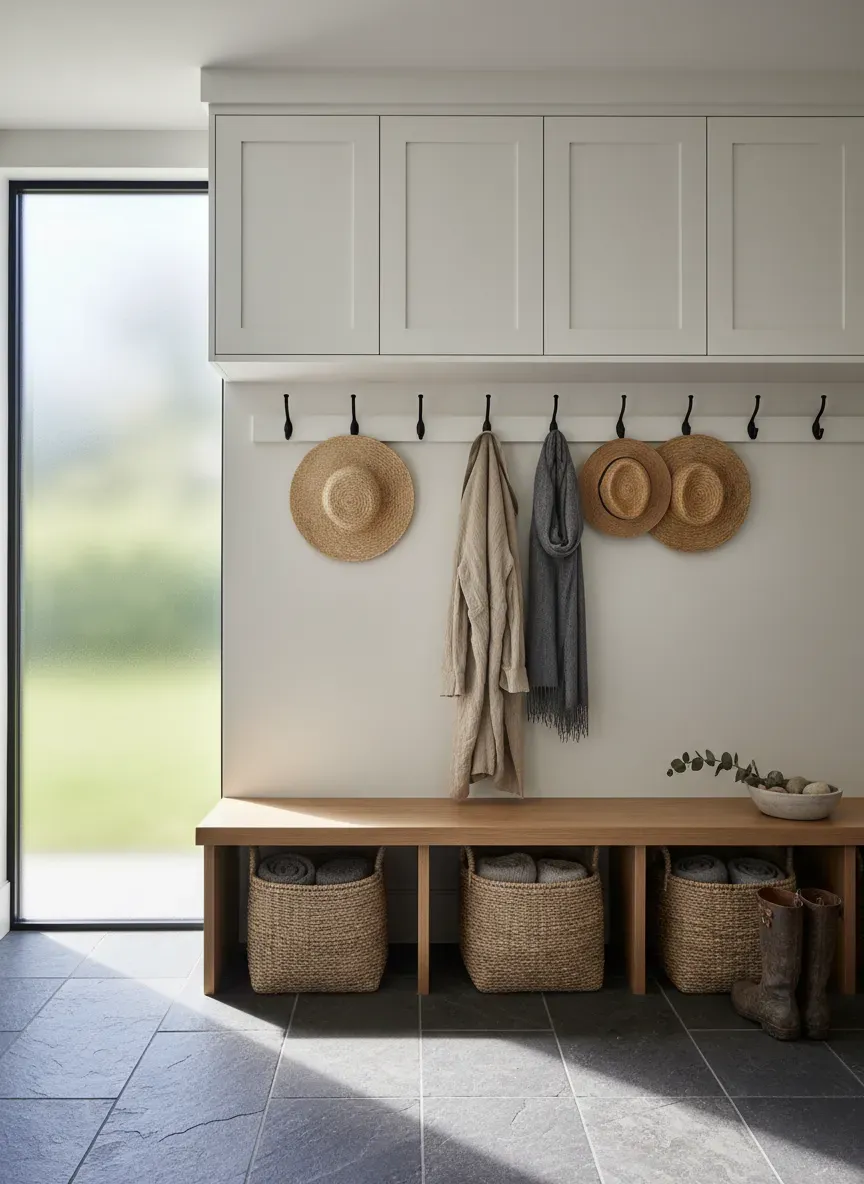 Stylized mudroom showing a hybrid of open hooks and closed upper cabinets