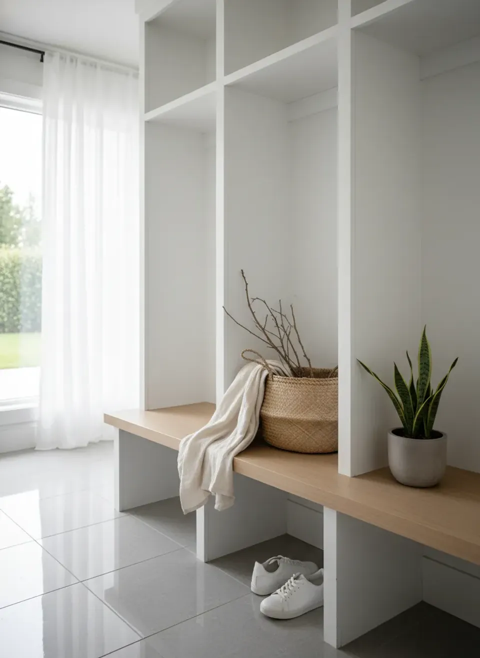 Minimalist Mudroom Magic: Clean White Cubbies for a Clutter-Free Home