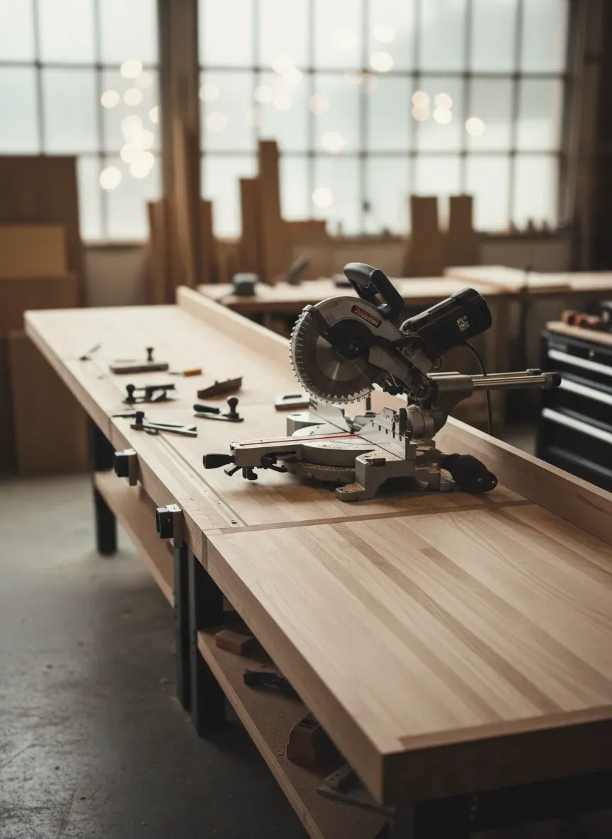 Long bench miter station with expansive left wing support