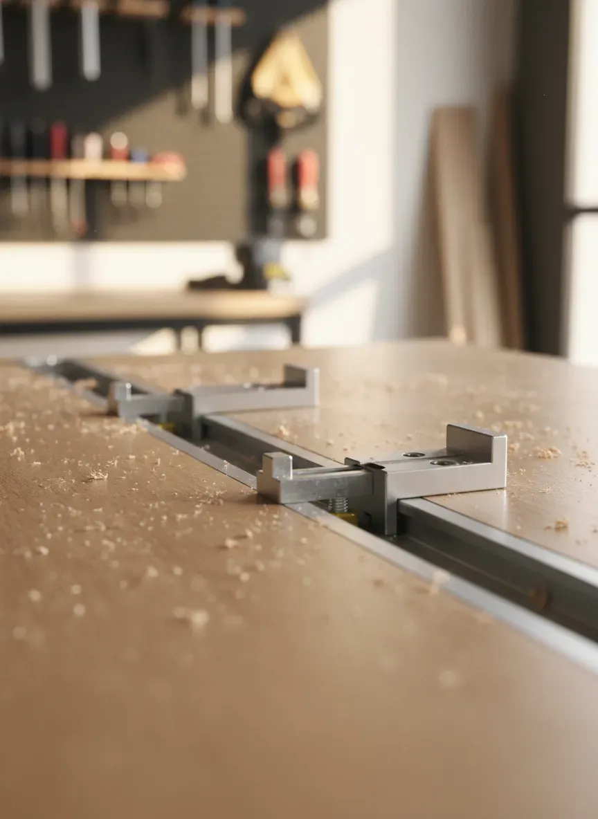 Detailed view of a waxed MDF benchtop with an integrated aluminum T-track