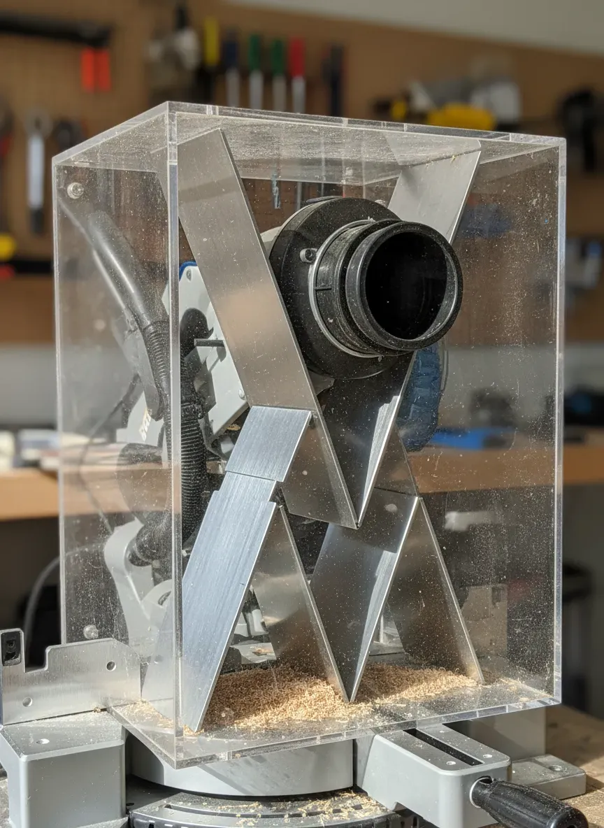 A custom-built miter saw dust hood featuring steeply angled baffles and a 4-inch collection port