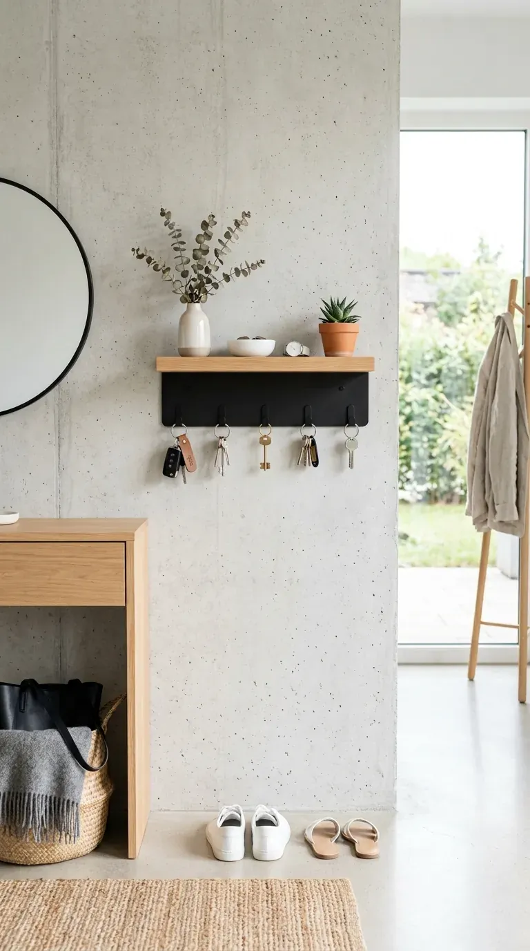 bright minimalist entryway with modern key holder and floating shelf