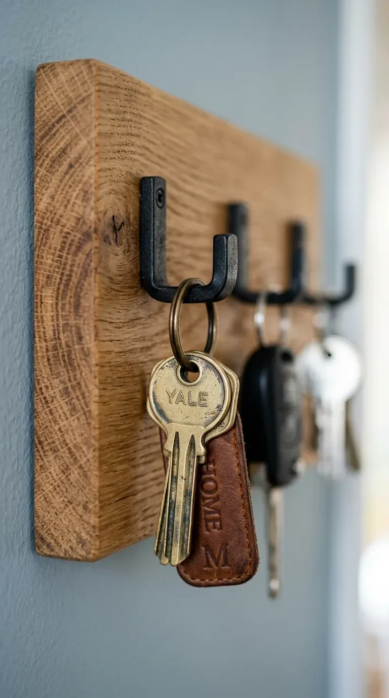 close-up detail of modern key holder oak backplate with black steel hooks