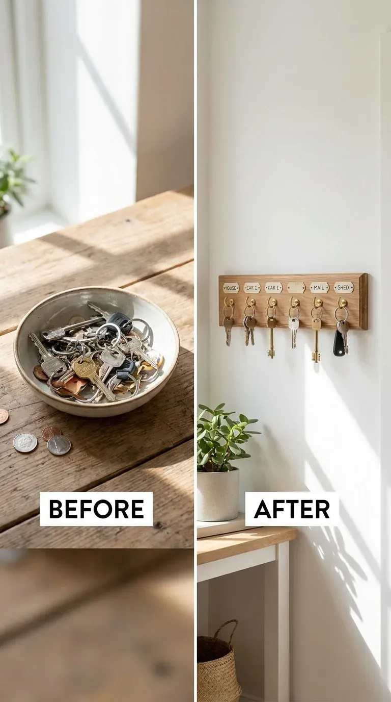 before and after comparison with modern key holder wall organizer