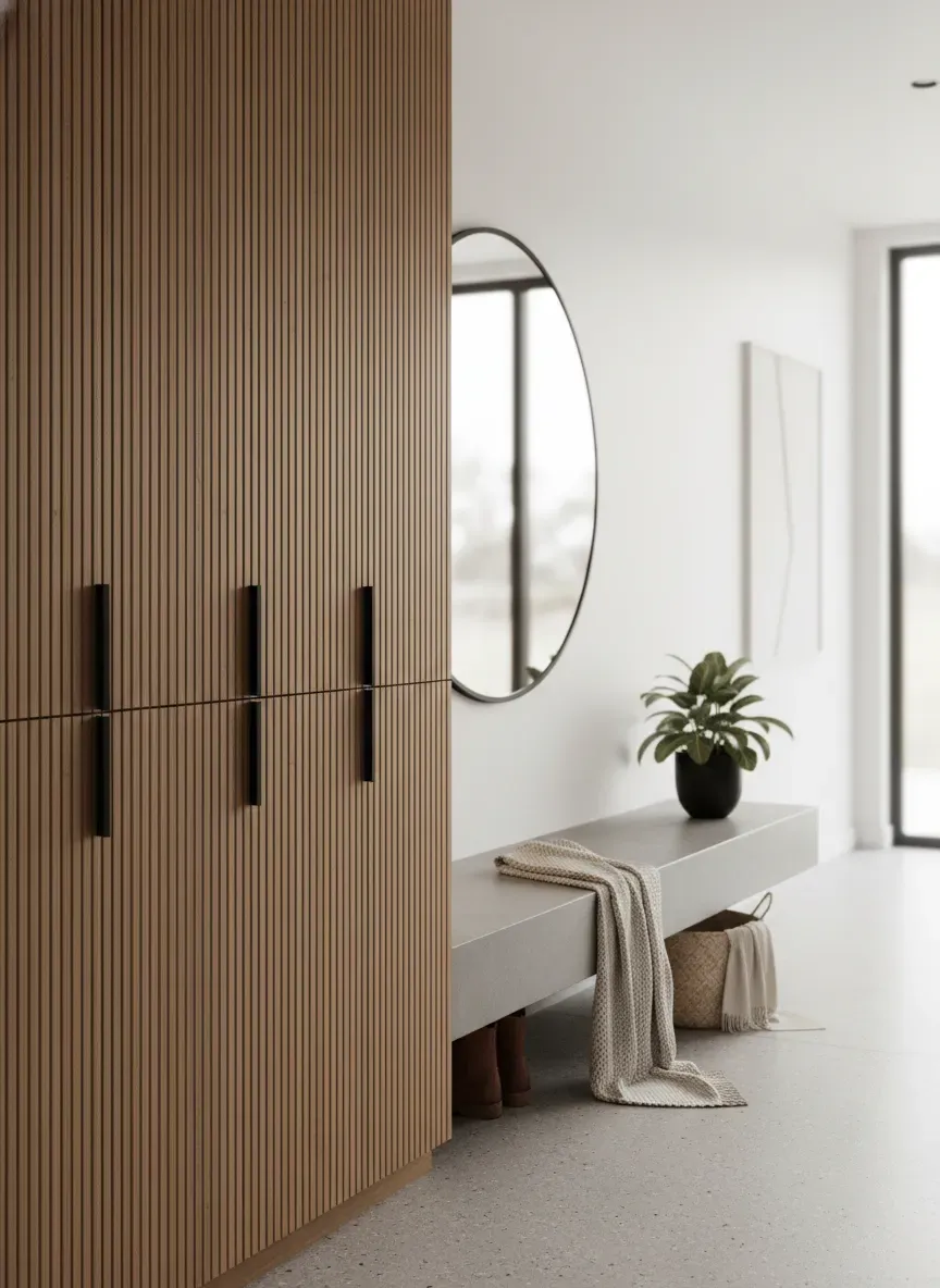 A sleek 2026 mudroom featuring ribbed oak locker doors and a floating concrete bench