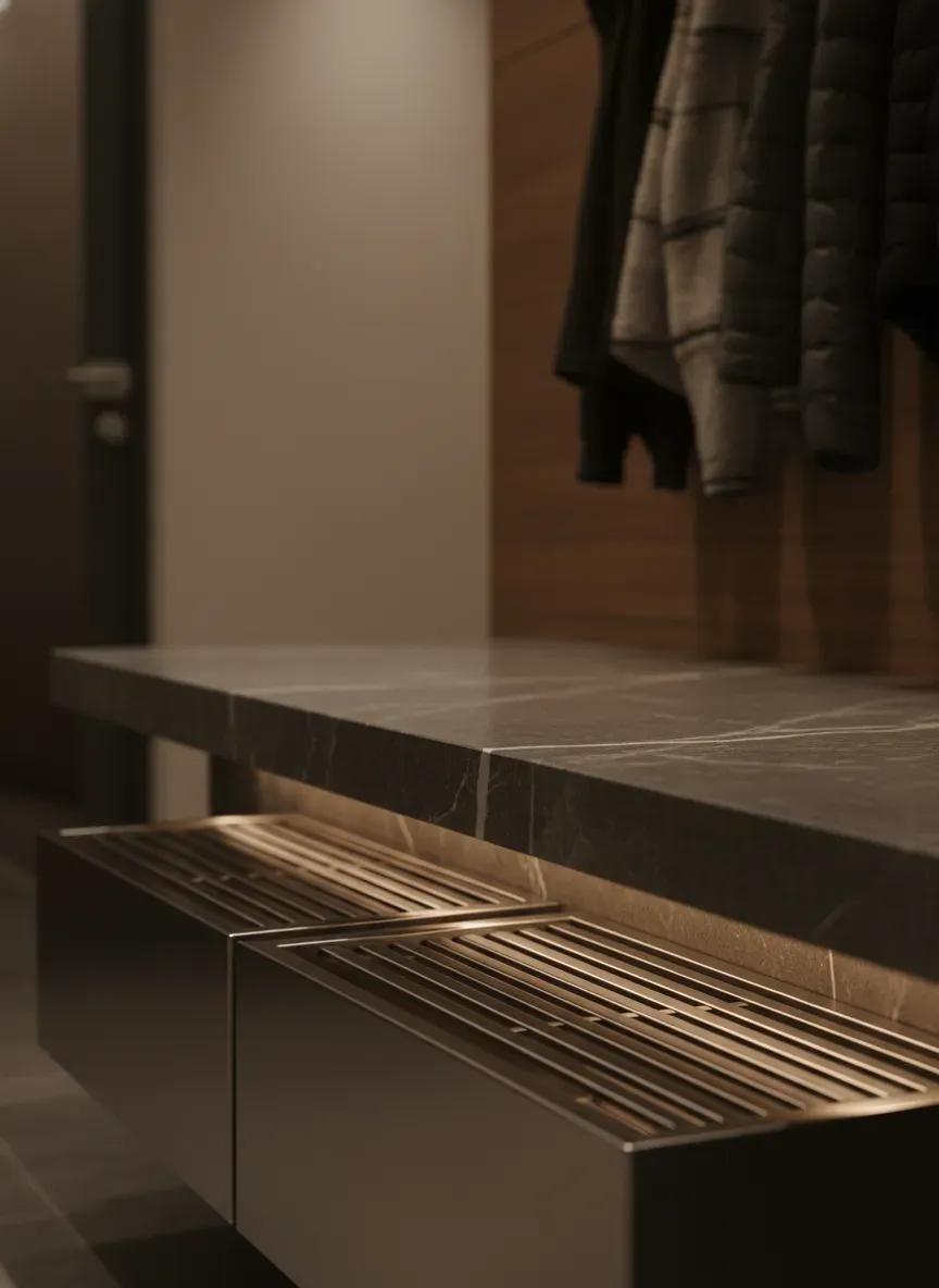Detail shot of a heated soapstone mudroom bench with integrated heavy-duty drip pans underneath