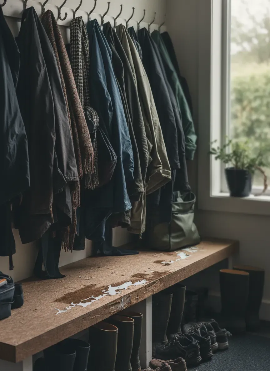 A poorly planned mudroom showing cluttered open hooks and water damage on an MDF bench top