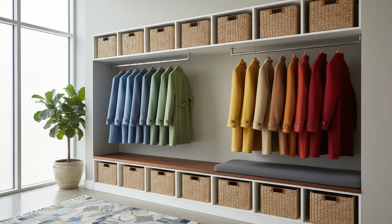 A neatly organized entryway featuring identical woven baskets on modular shelves and color-coordinated coats