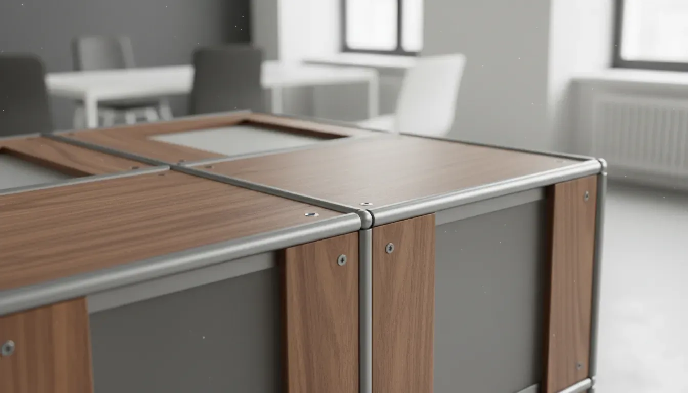 A detailed close-up of interlocking modular storage cubes showing high-quality joinery and mixed material textures