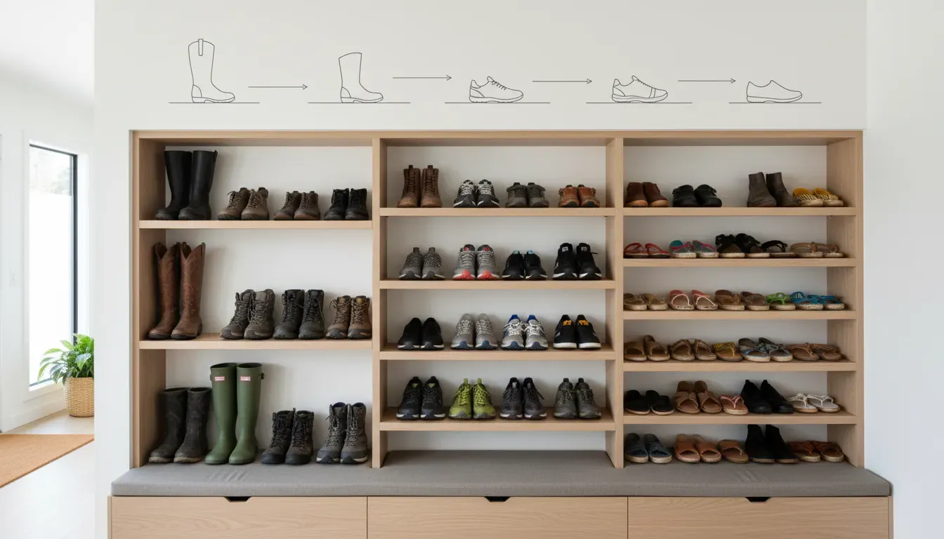 A diagrammatic view of an entryway wall showing varying shelf heights specifically designed for boots sneakers and sandals