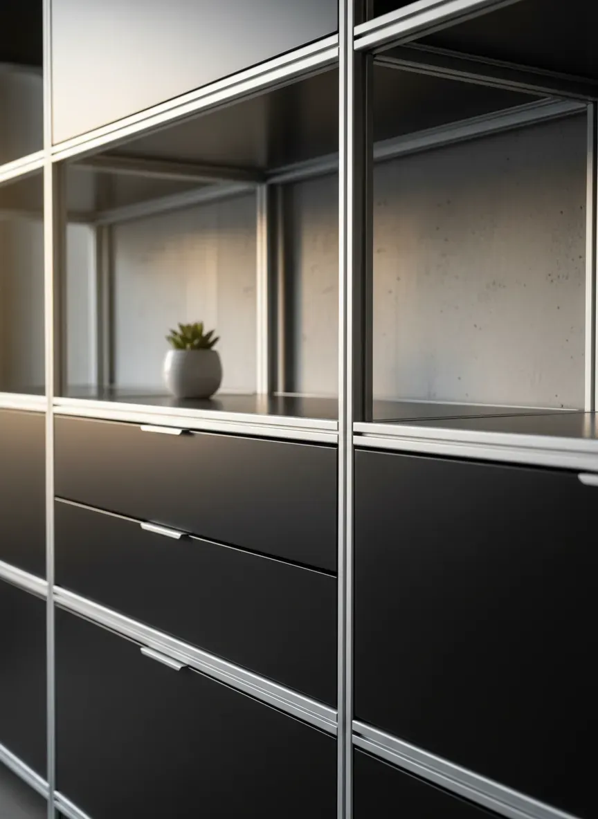 A high-end modular storage system featuring sleek aluminum extrusions and matte black thermofoil finishes.