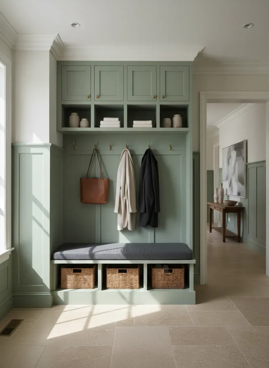 A fully bespoke mudroom built-in seamlessly integrated with the home's original crown molding and wainscoting.