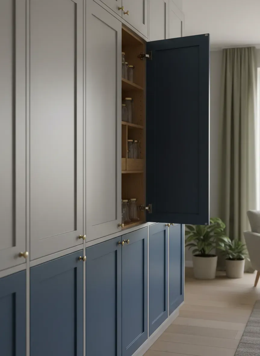 A hybrid storage installation showcasing prefabricated cabinet boxes paired with custom-painted hardwood shaker doors.