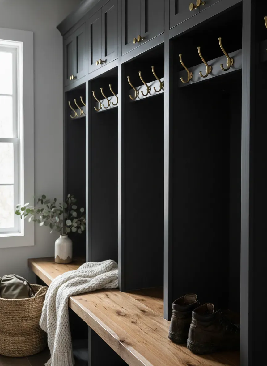 Dark charcoal mudroom cubbies with unlacquered brass hooks and a natural wood bench seat.