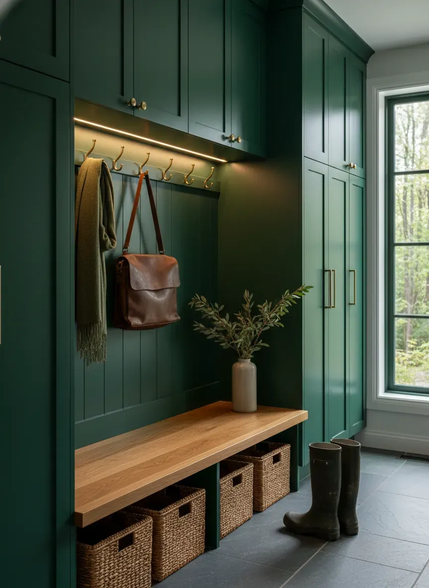 A deep forest green mudroom featuring integrated LED under-cabinet lighting and a warm oak bench.