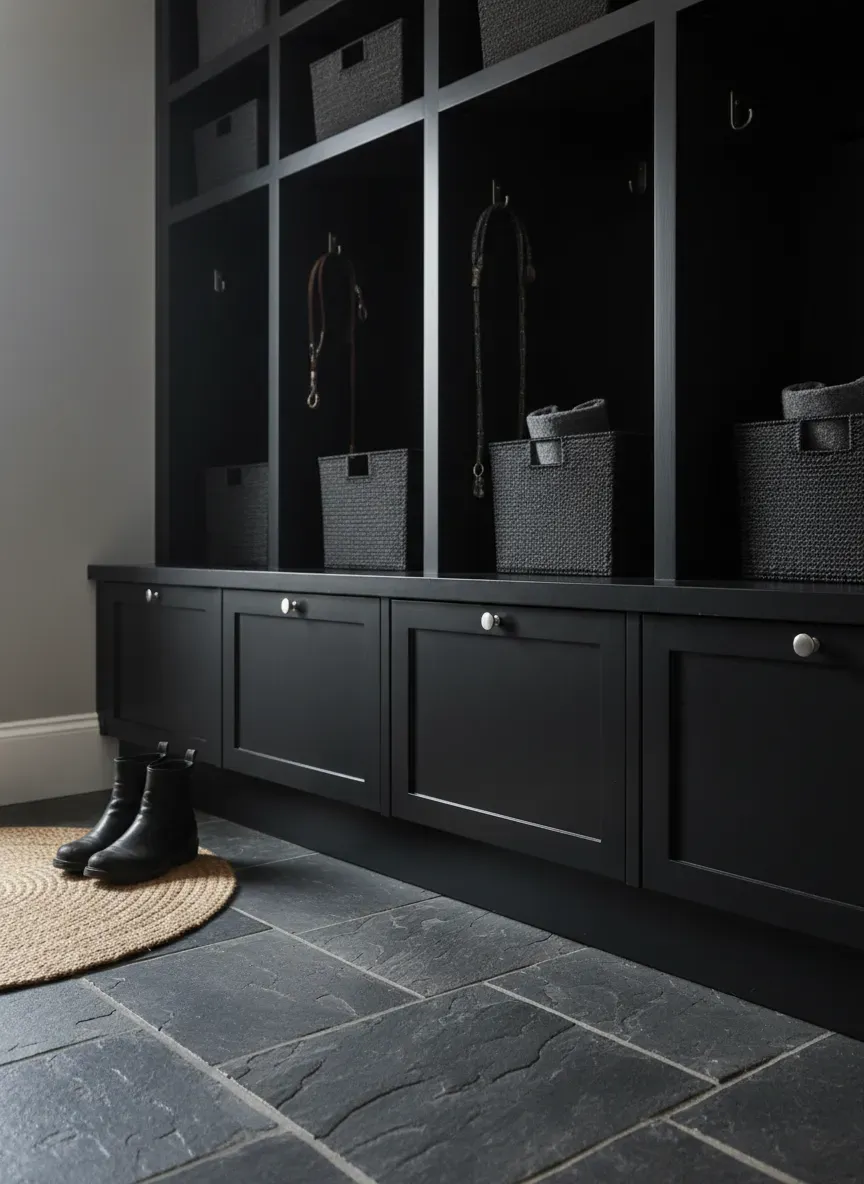 Close up of matte black mudroom cubbies showing the contrast between the satin finish and the natural slate floor.