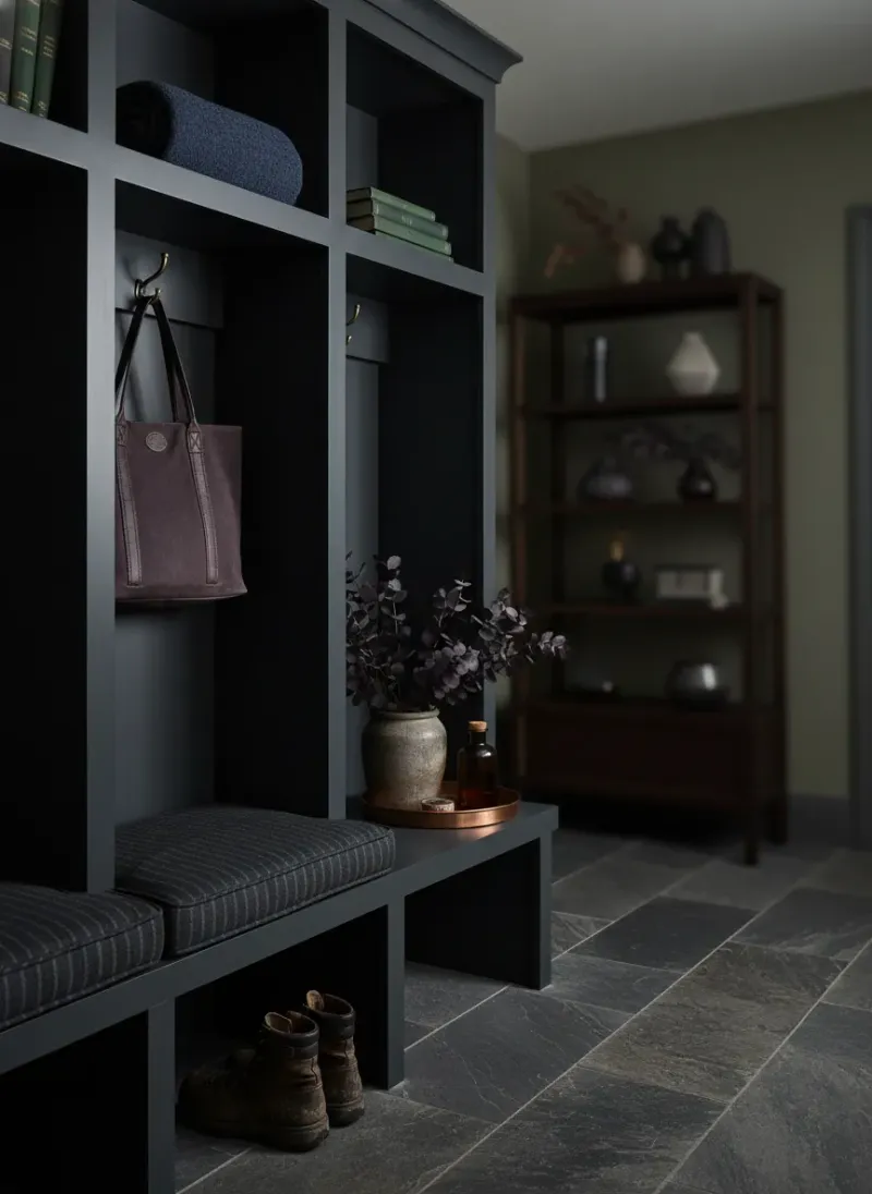 Professional SEO visualization for Moody Mudroom Inspiration: Bold Dark Cubbies and Rich, Sophisticated Colors