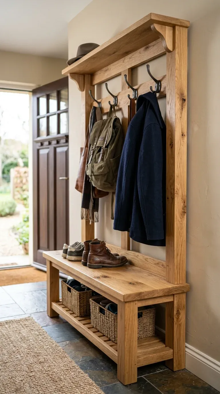 Original Photography: Real-world entryway setup with natural oak finish