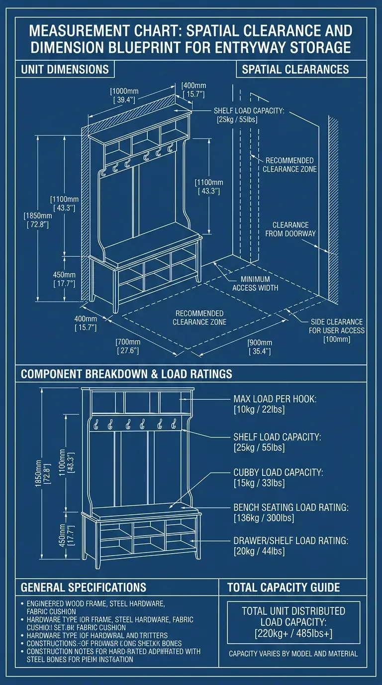 Measurement Chart: Spatial clearance and dimension blueprint for entryway storage