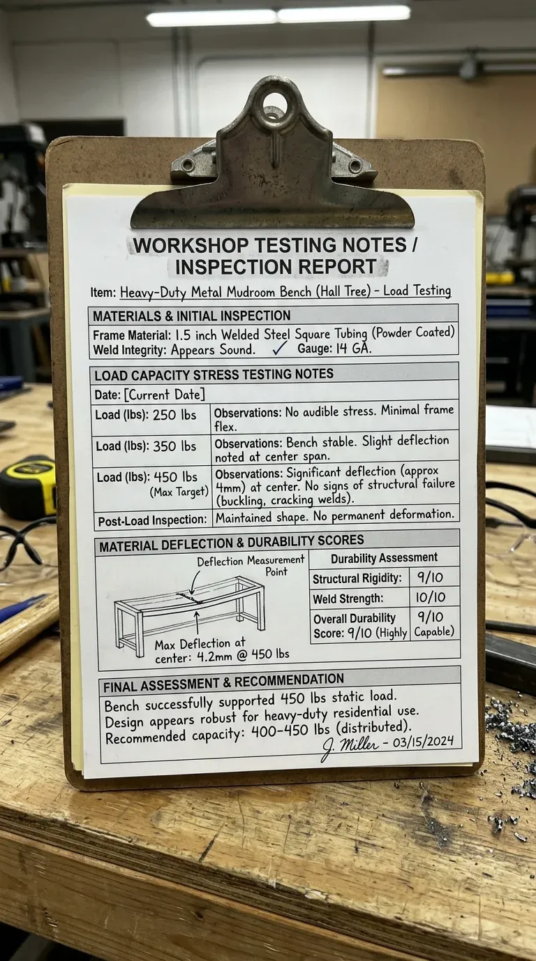 Original Photography: Heavy-duty metal mudroom bench load testing session