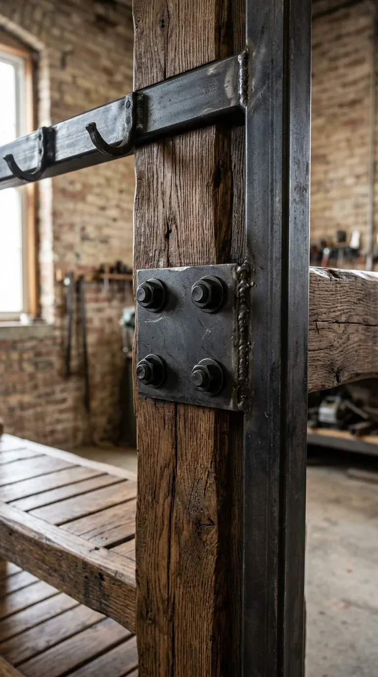 Original Photography: Industrial rustic hall tree corner joint close-up view