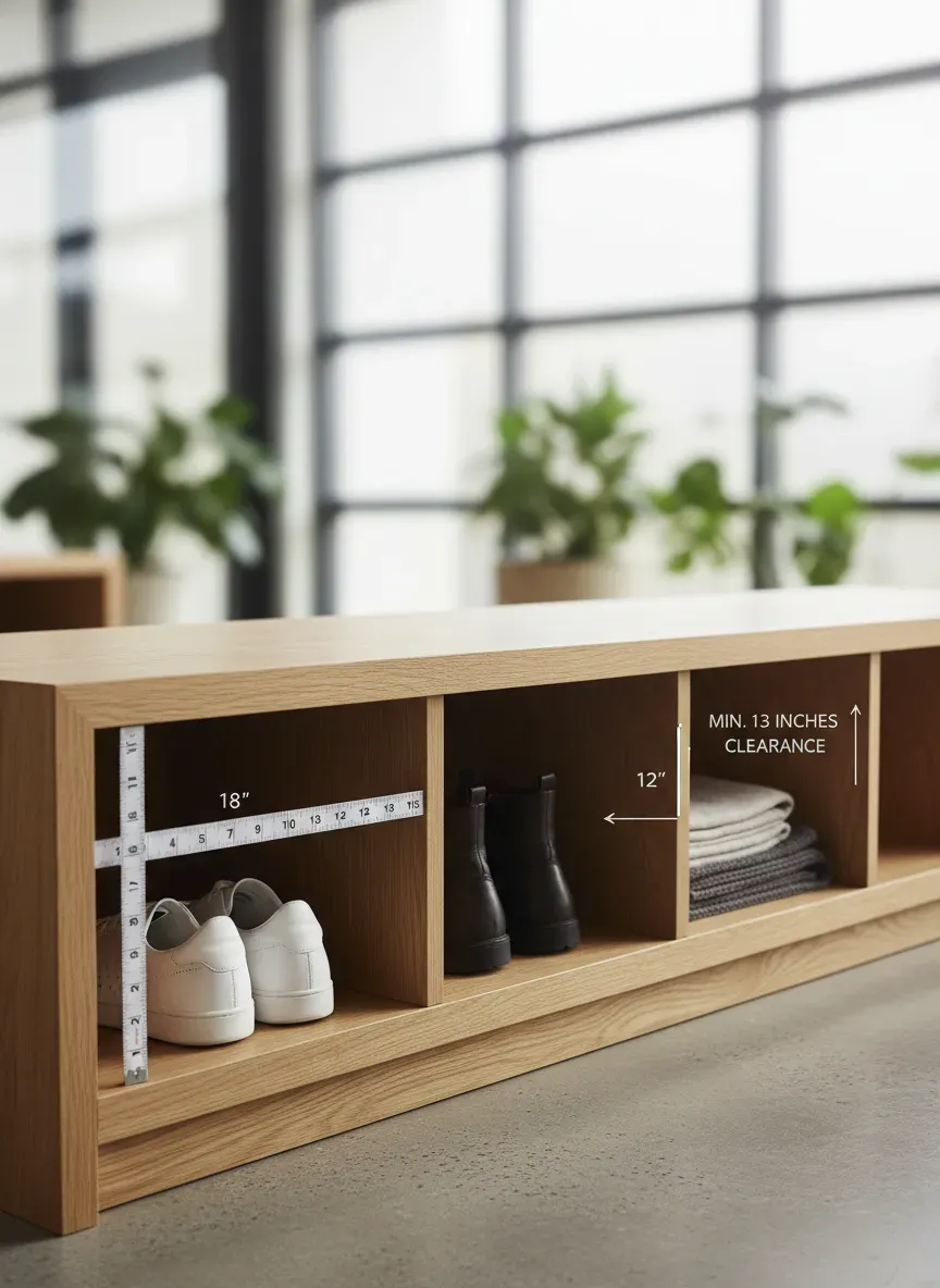 Under-bench shoe clearance and cubby dimensions