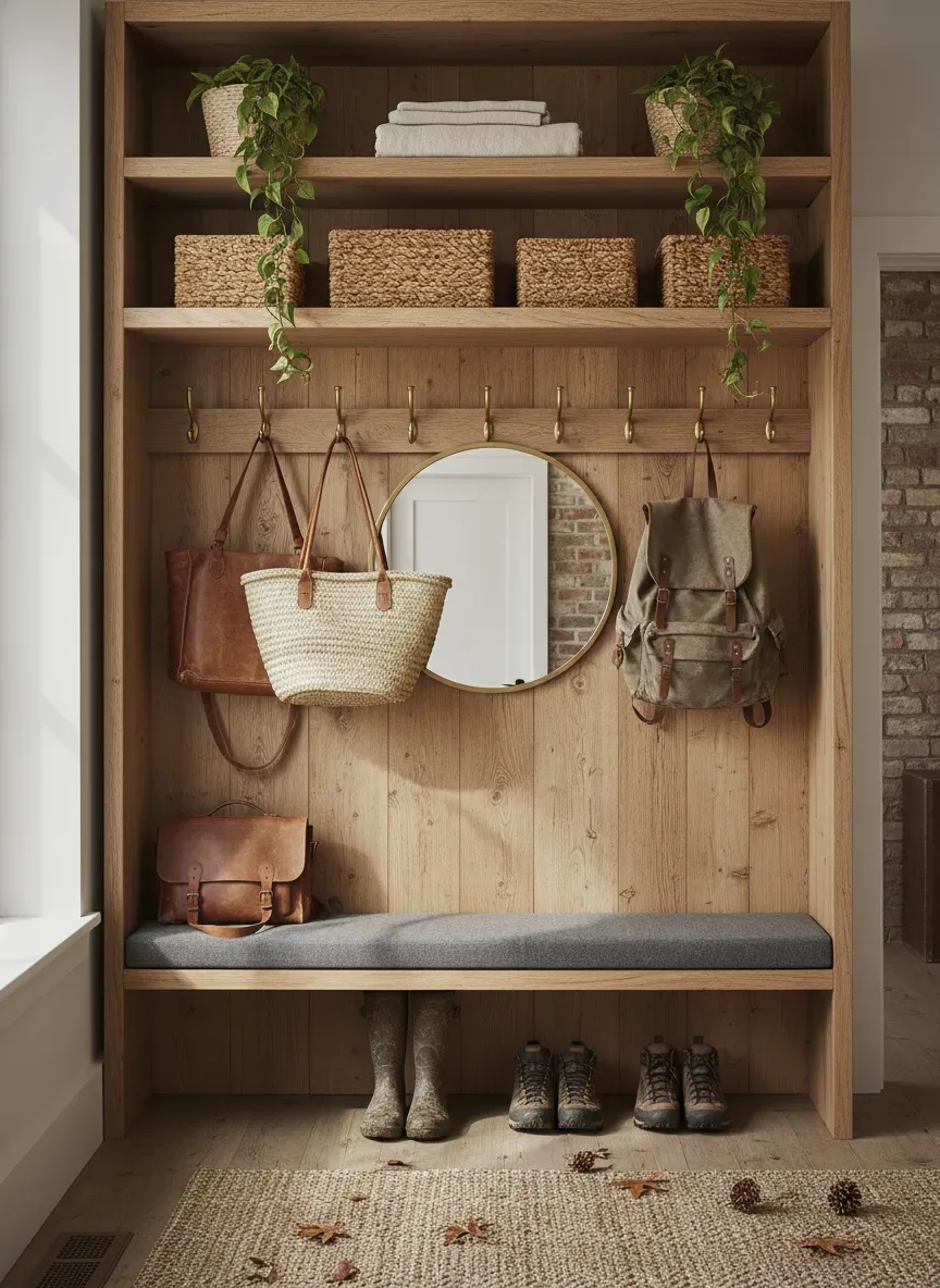 Full mudroom vertical ecosystem with hooks and upper shelves