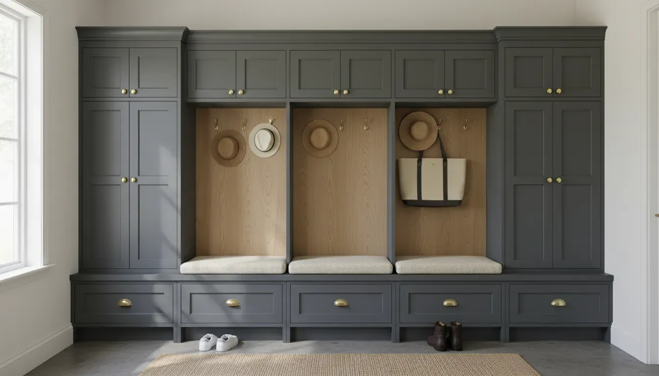 Detailed view of a custom built-in mudroom locker with brass hardware and shaker style doors