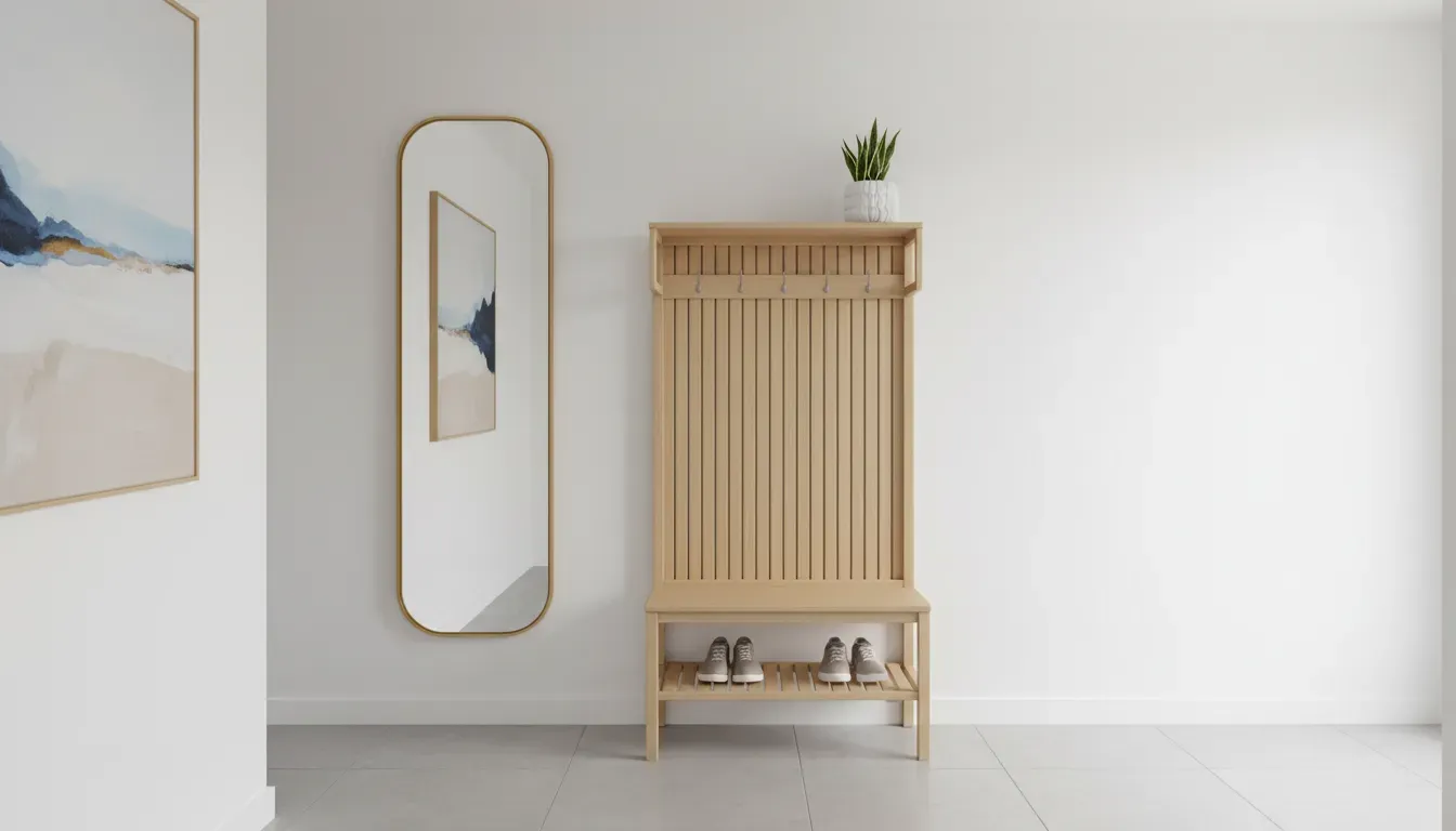Modern minimalist hall tree in a small apartment entryway with light wood finish