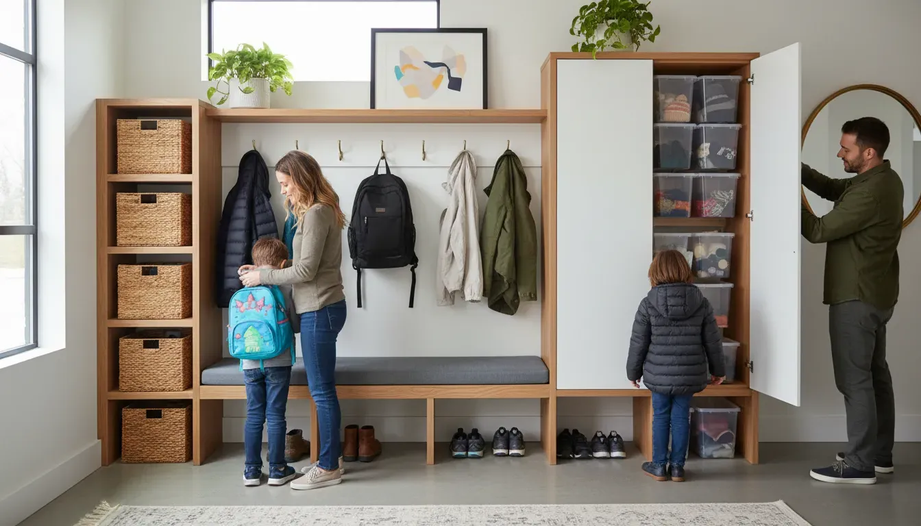 A family organizing backpacks and coats in a hybrid entryway storage system