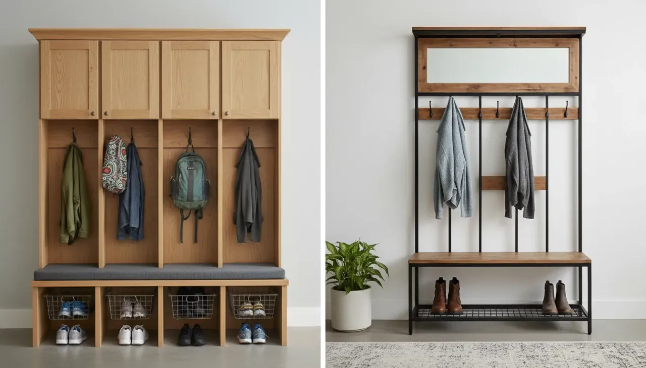 A side-by-side comparison of a built-in white mudroom locker system and a wooden freestanding hall tree in a modern entryway.