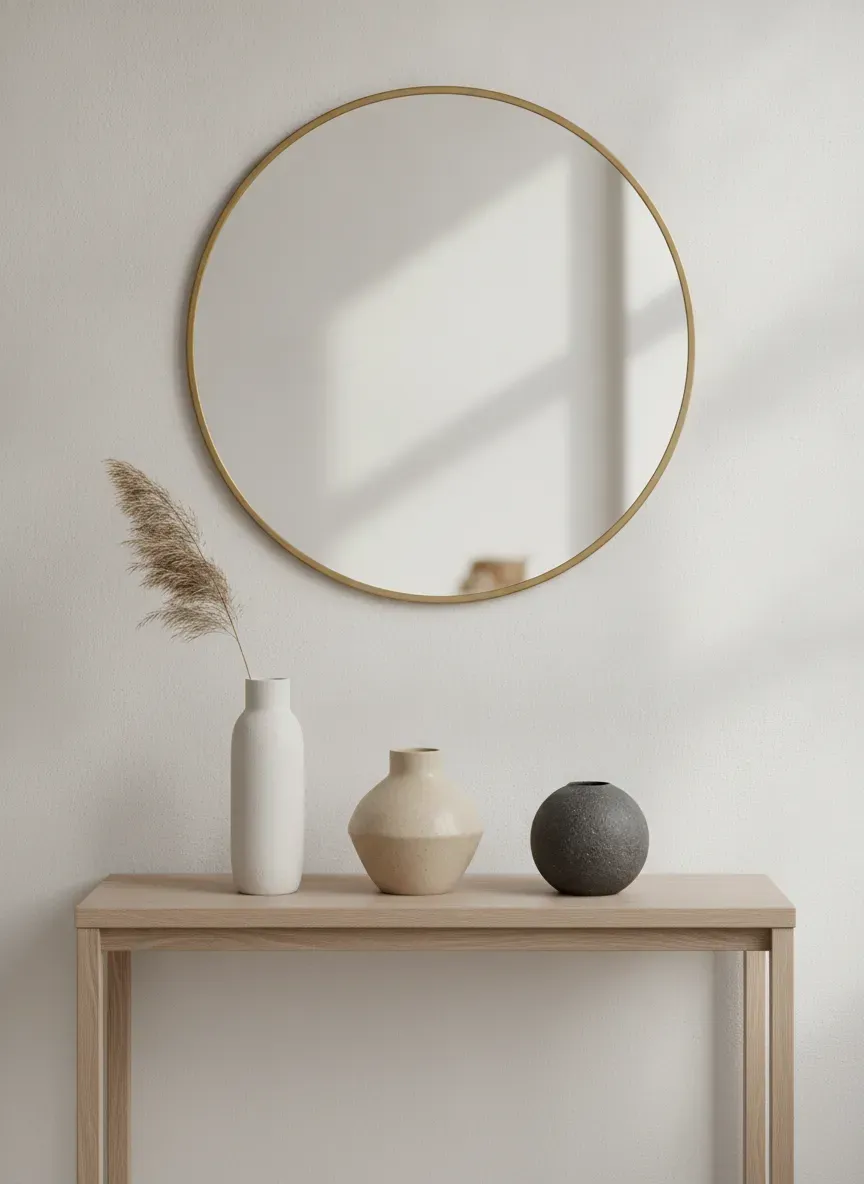 A minimalist narrow console table styled with ceramic vases and a round mirror